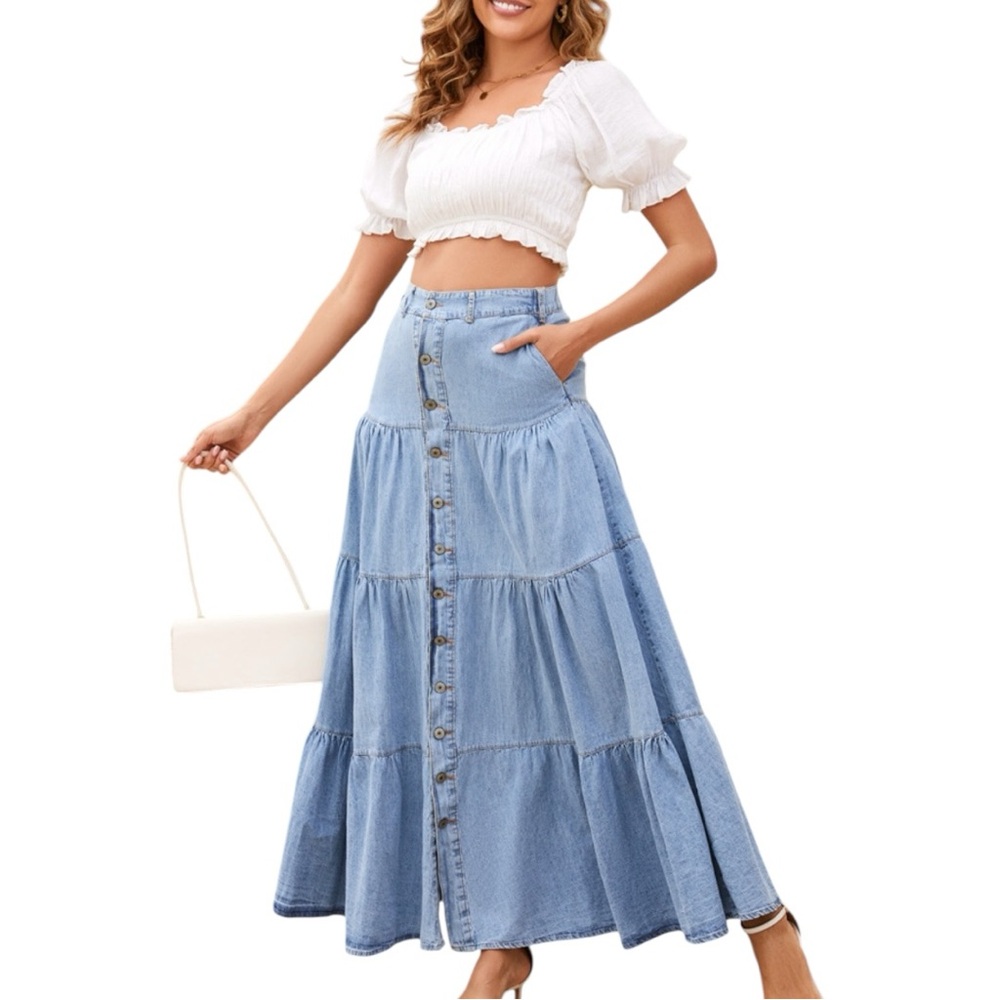 NEW Tiered Denim Maxi Skirt Button Front Boho Cottagecore